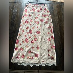 Pale Pink Colored Satin and Lace Floral Midi Skirt